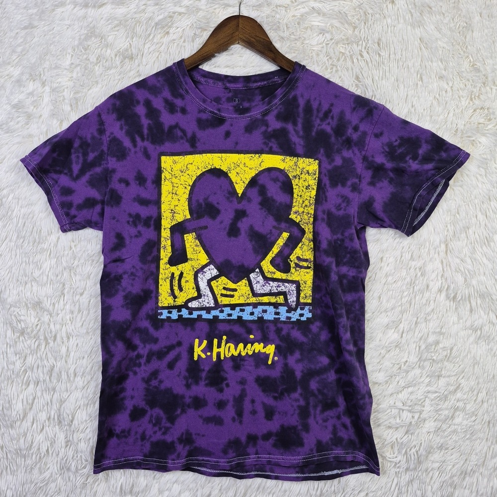 Keith Haring Purple Tie Dye Dancing Heart T-Shirt Adult Small Retro